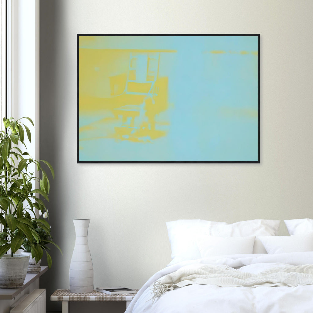 Andy Warhol framed print depicting the stark chair, its surroundings and the tense emptiness of the room, a detail that connects the composition to its broader artistic subject