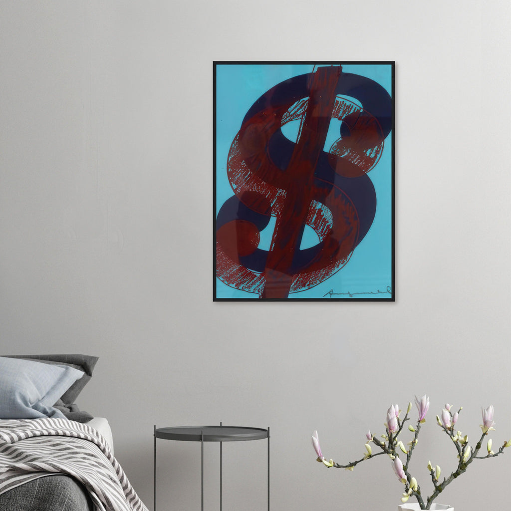 Andy Warhol framed print depicting the repeated or isolated currency mark operates like a logo: simple, recognizable and assertive