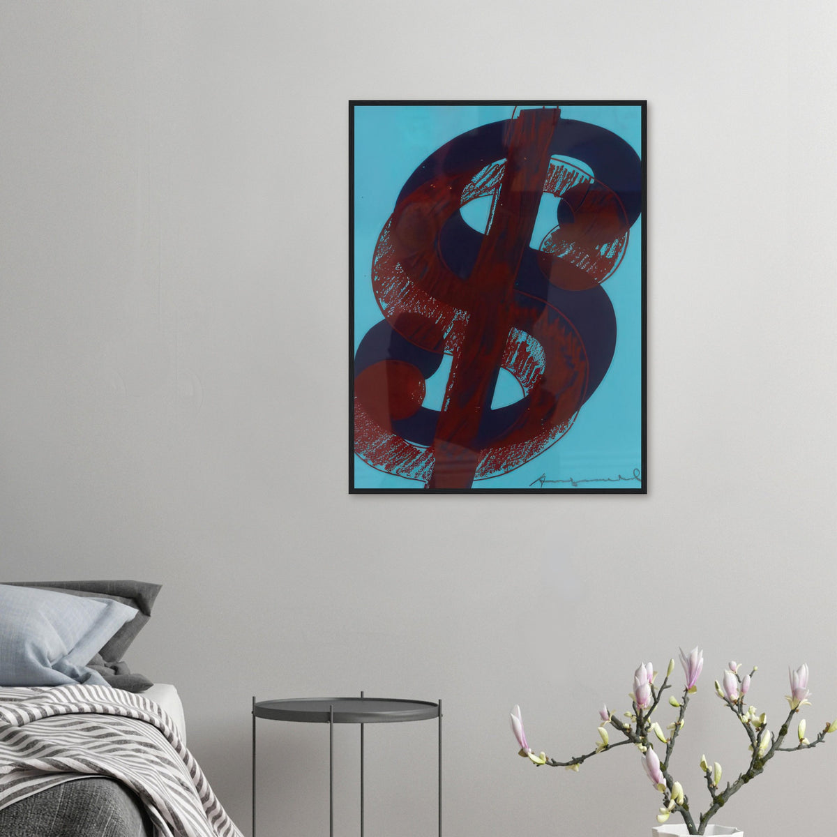 Andy Warhol framed print depicting the repeated or isolated currency mark operates like a logo: simple, recognizable and assertive