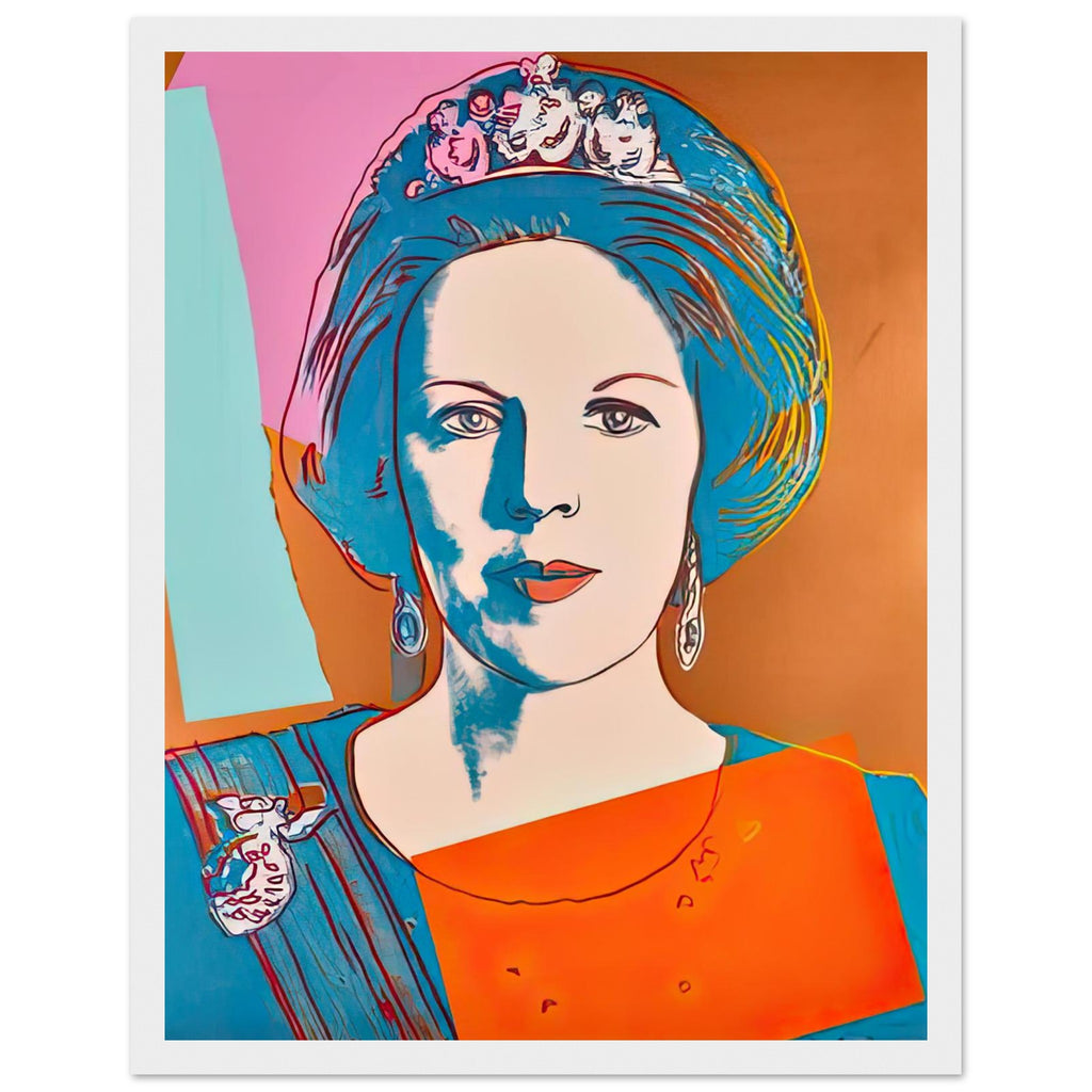 Andy Warhol framed print depicting this work depicts Queen Beatrix of the Netherlands; The Reigning Queens portfolio presented four women who held ruling power in their own right: Elizabeth, white frame, 27x35 cm / 11x14″