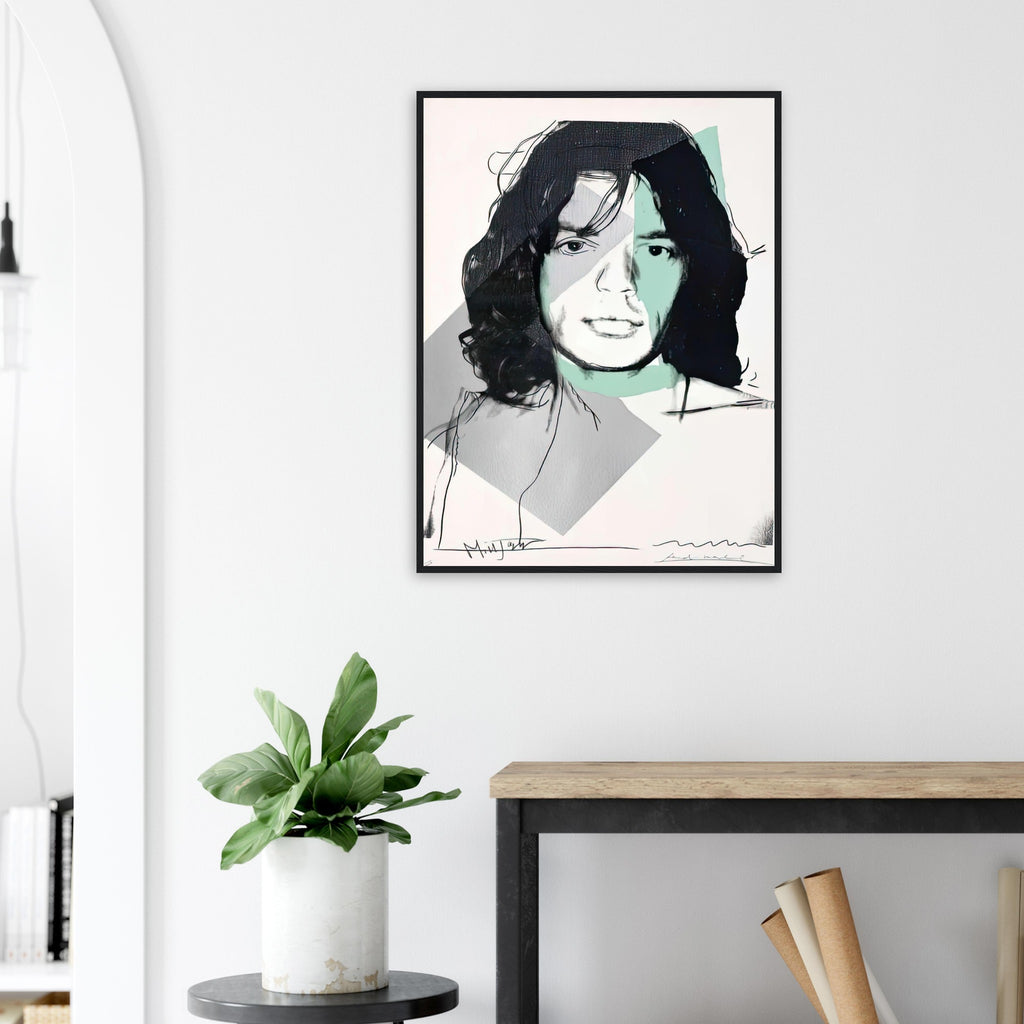 Andy Warhol framed print depicting a three-quarter portrait overlays green and grey colour fields; careful drawn contours place unusual emphasis on the singer’s eye; Warhol’s ten Mick Jagger portraits followed a long friendship with the Rolling Stones singer, including