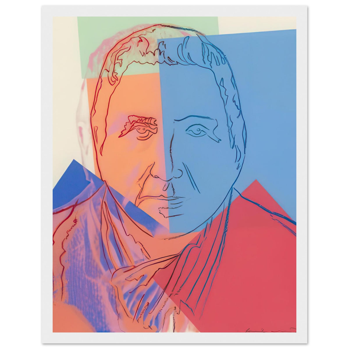 Andy Warhol framed print depicting the image centers on a distinctive likeness rather than narrative scenery; line and simplified contrast make the person the focus, white frame, 27x35 cm / 11x14″
