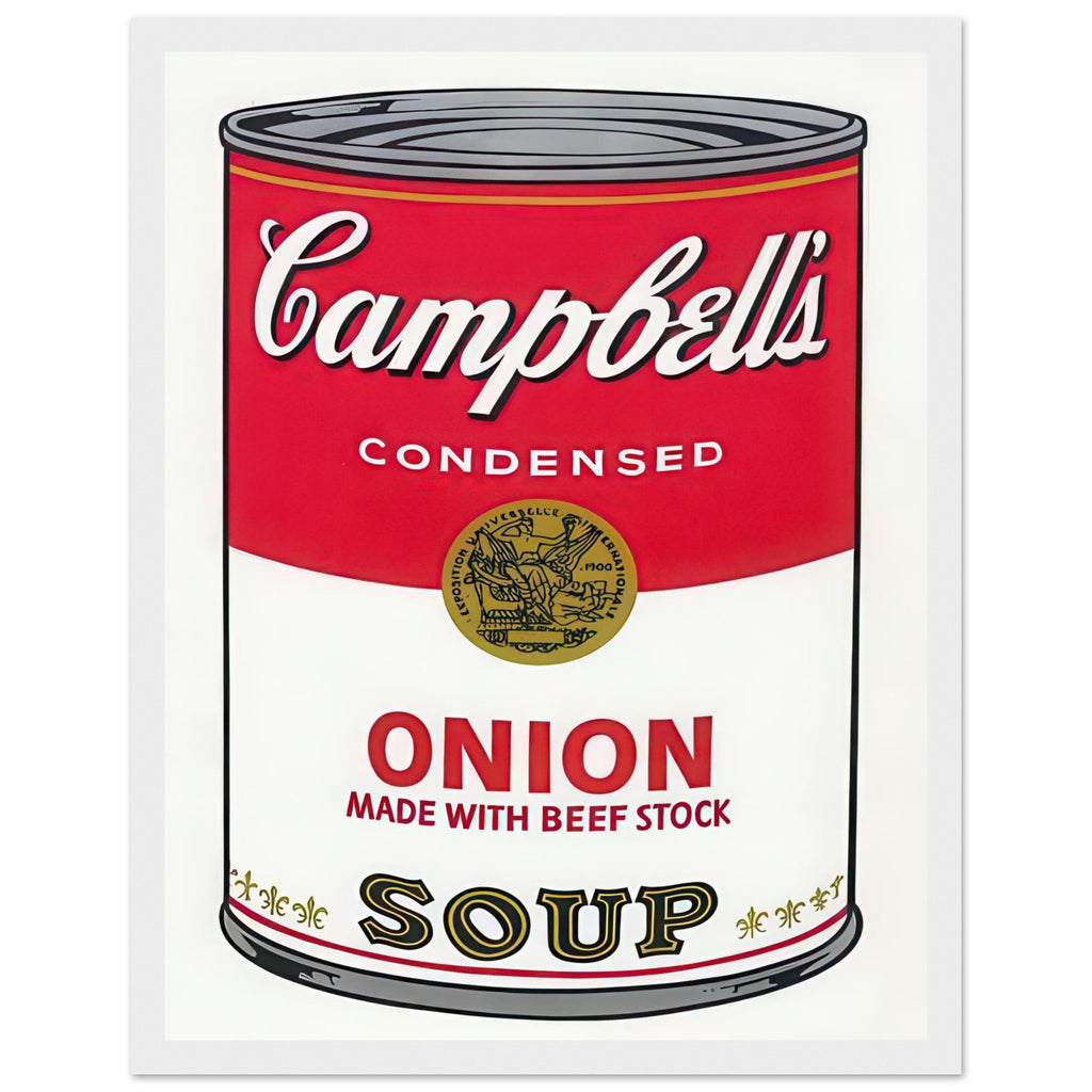 Andy Warhol framed print depicting the instantly legible soup-can silhouette, packaging lettering and product name create a highly recognizable commercial composition, white frame, 27x35 cm / 11x14″
