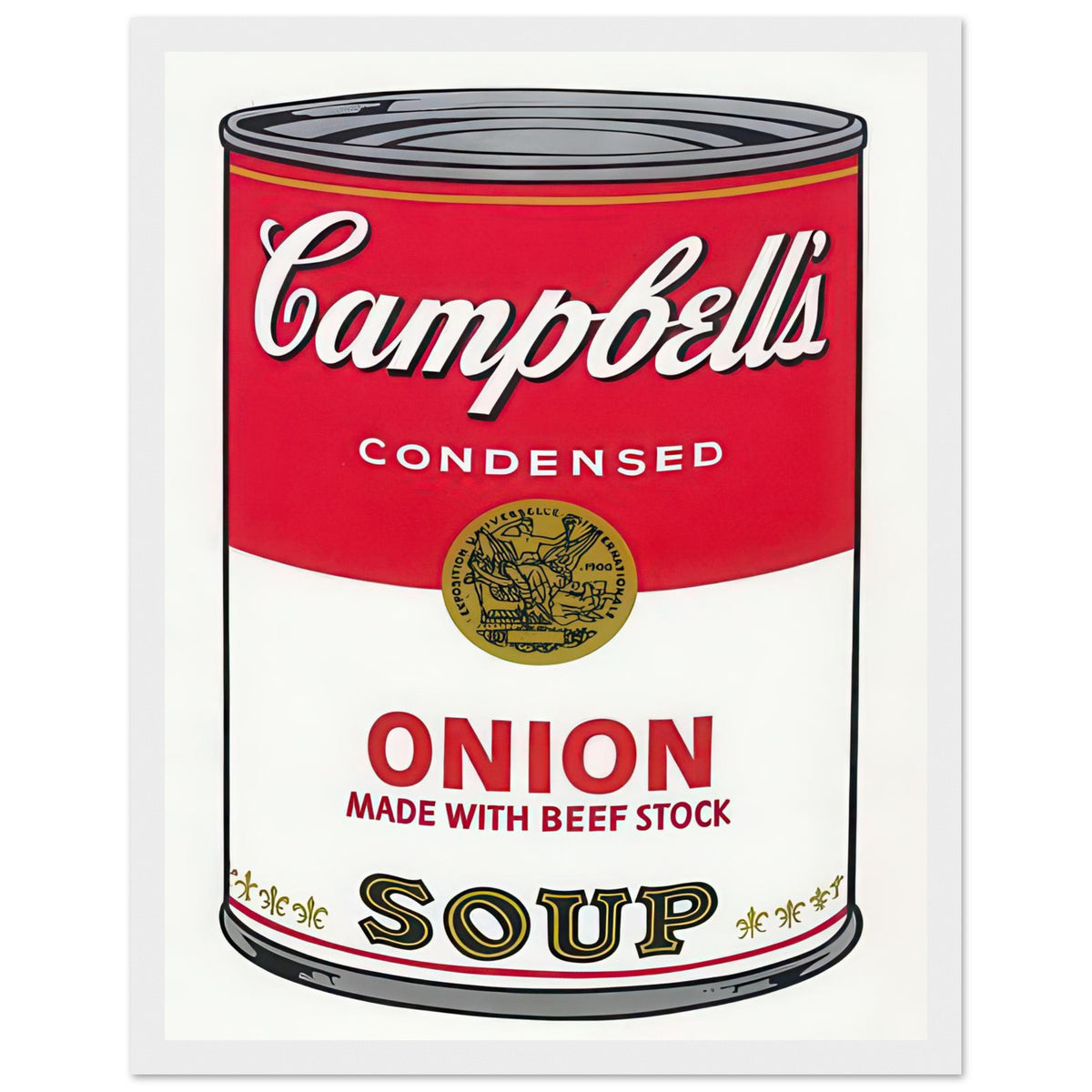 Andy Warhol framed print depicting the instantly legible soup-can silhouette, packaging lettering and product name create a highly recognizable commercial composition, white frame, 27x35 cm / 11x14″