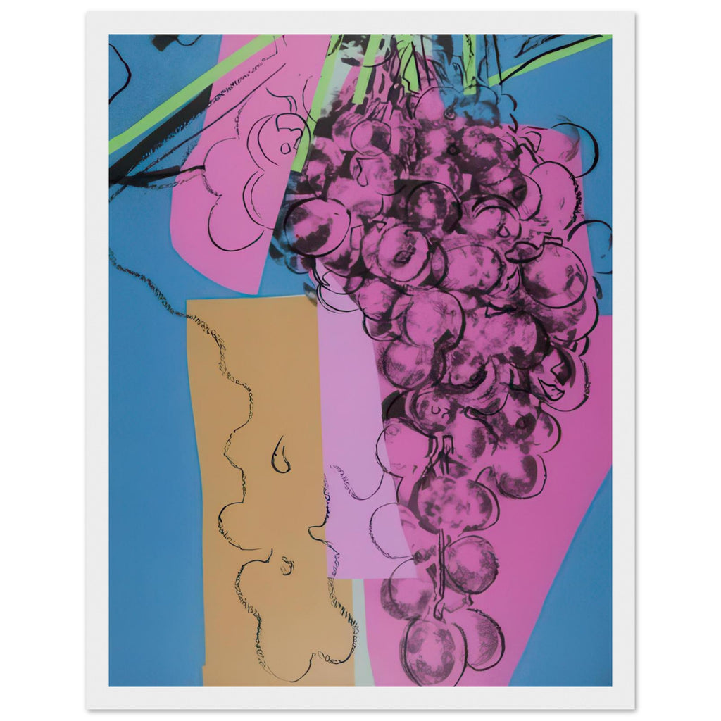 Andy Warhol framed print depicting rounded grape forms and flowing stems provide a decorative rhythm, while the composition feels more graphic than naturalistic, white frame, 27x35 cm / 11x14″