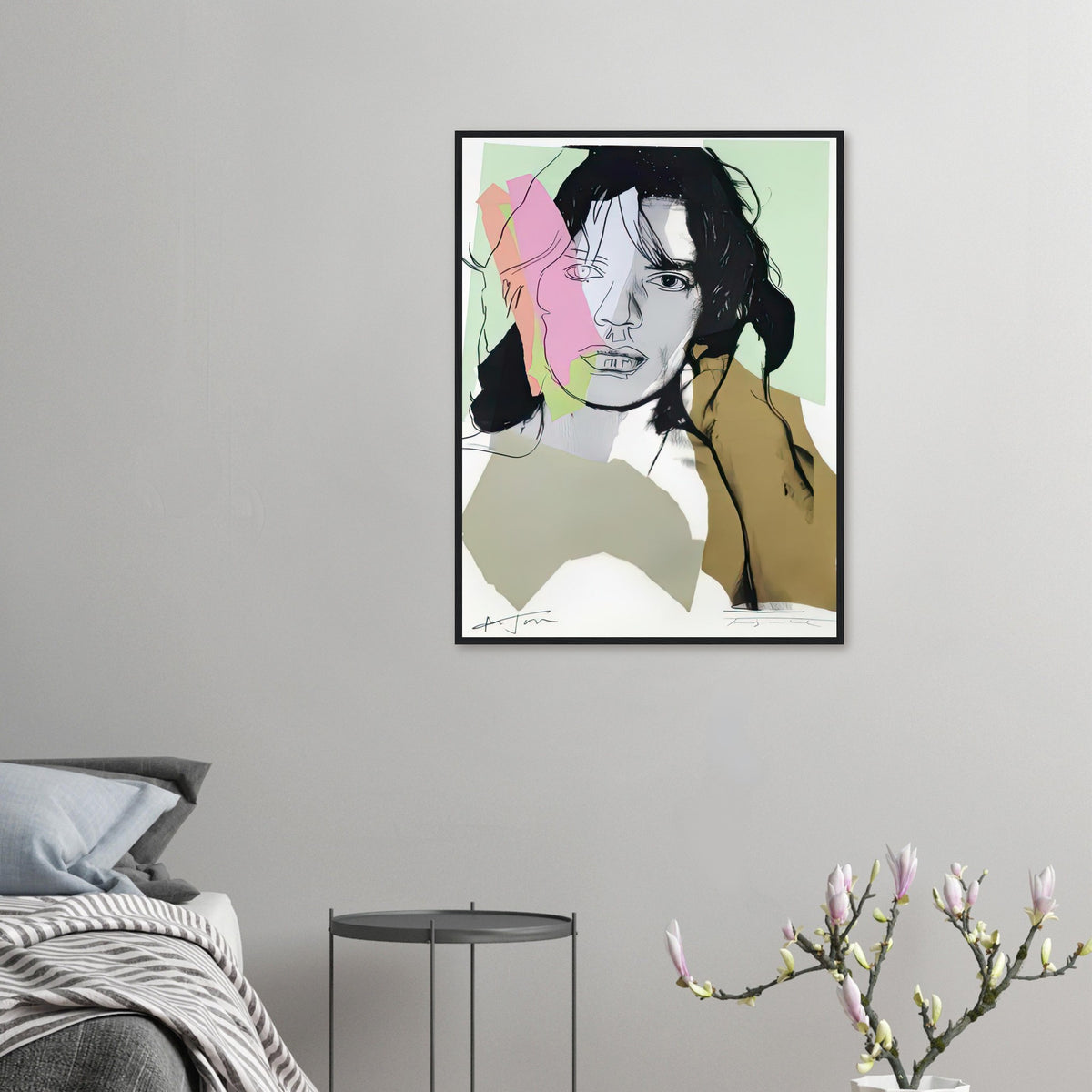 Andy Warhol framed print depicting only fragments of the original photographic shading and hair are retained beneath reintroduced outlines and collage-like colour shapes; Warhol’s ten Mick Jagger portraits followed a long friendship with the Rolling Stones singer, including