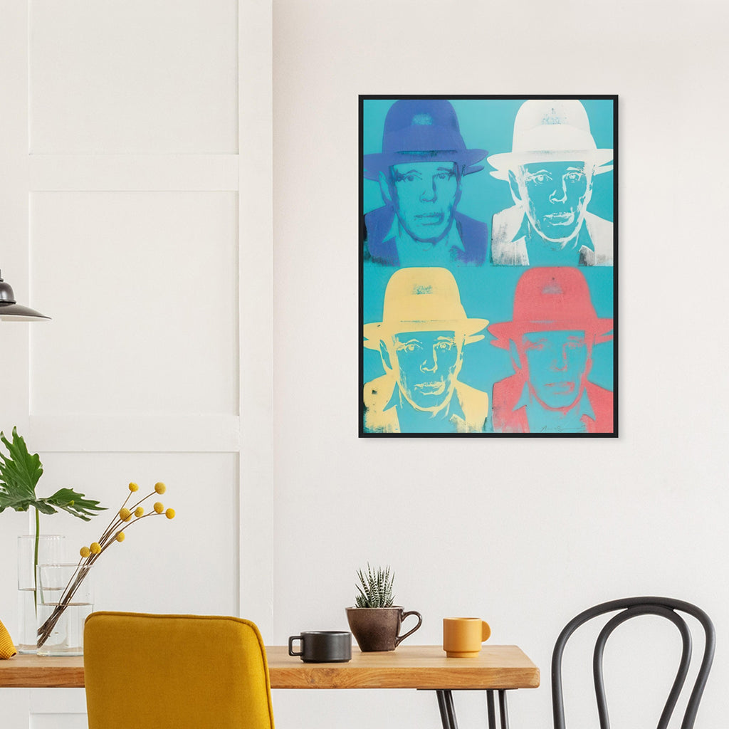 Andy Warhol framed print depicting beuys faces the viewer wearing his characteristic brimmed felt hat; Warhol portrayed fellow artist Joseph Beuys after photographing him in 1979