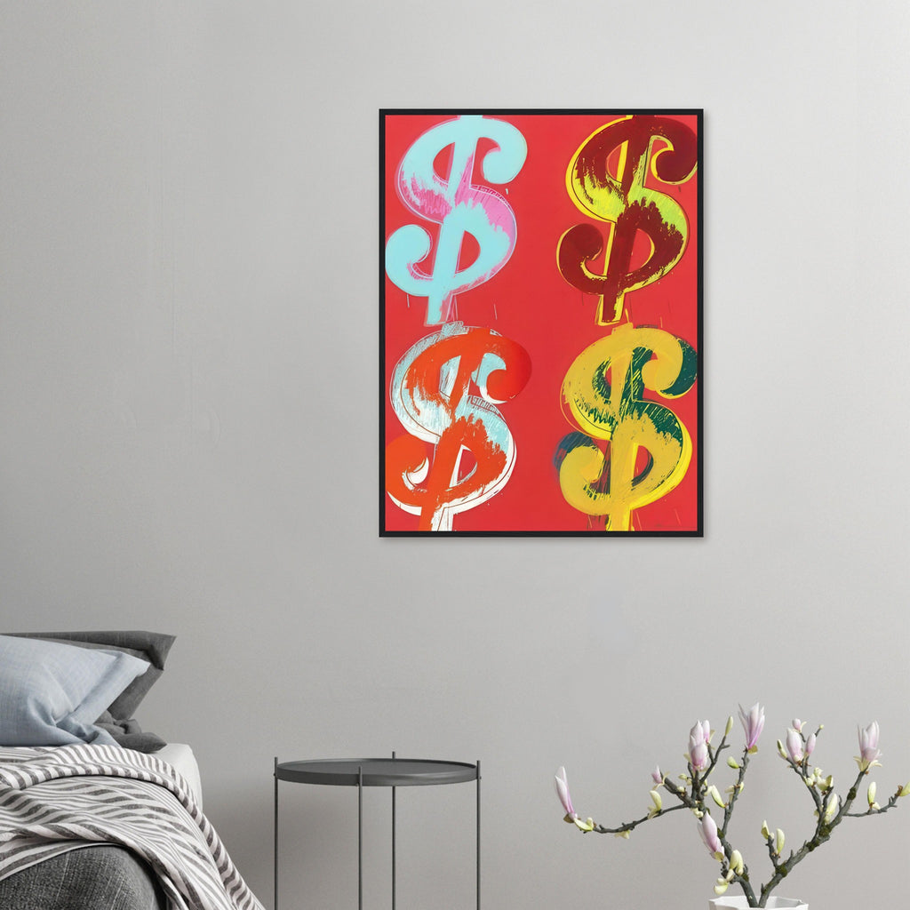 Andy Warhol framed print depicting the repeated or isolated currency mark operates like a logo: simple, recognizable and assertive