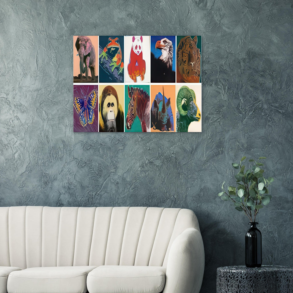 Andy Warhol poster depicting a group of wildlife portraits treated with striking graphic emphasis, a detail that connects the composition to its broader artistic subject