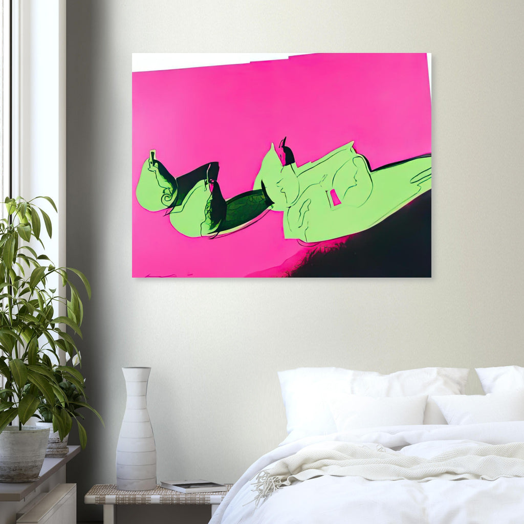 Andy Warhol poster depicting rounded fruit forms, expressive edges and the recognizable shapes of pears, a detail that connects the composition to its broader artistic subject