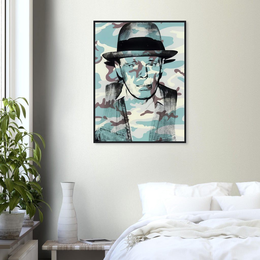 Andy Warhol framed print depicting beuys faces the viewer wearing his characteristic brimmed felt hat; Warhol portrayed fellow artist Joseph Beuys after photographing him in 1979
