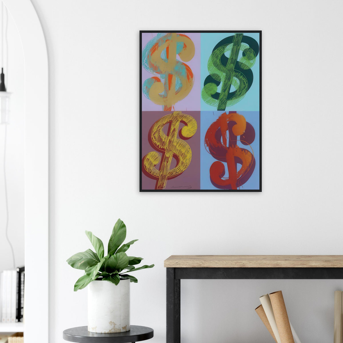 Andy Warhol framed print depicting the repeated or isolated currency mark operates like a logo: simple, recognizable and assertive