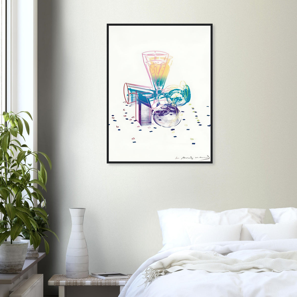 Andy Warhol framed print depicting the still-life arrangement places everyday objects into a decorative composition with a festive, slightly theatrical character