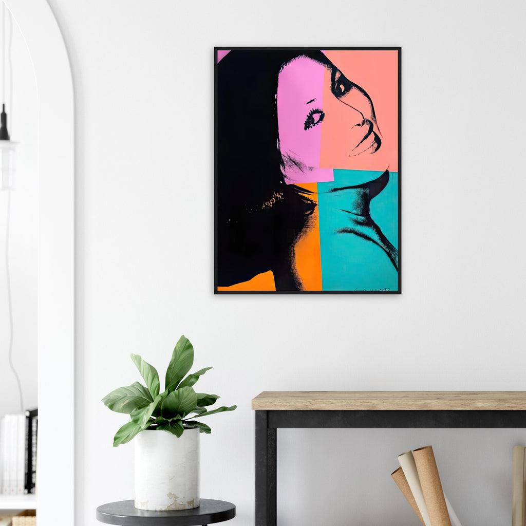 Andy Warhol framed print depicting pink, orange and turquoise blocks divide Sachiko’s relaxed, smiling photographic image into uneven sections; Sachiko Goodman, a New York real estate broker and art collector, was part of Warhol’s social circle