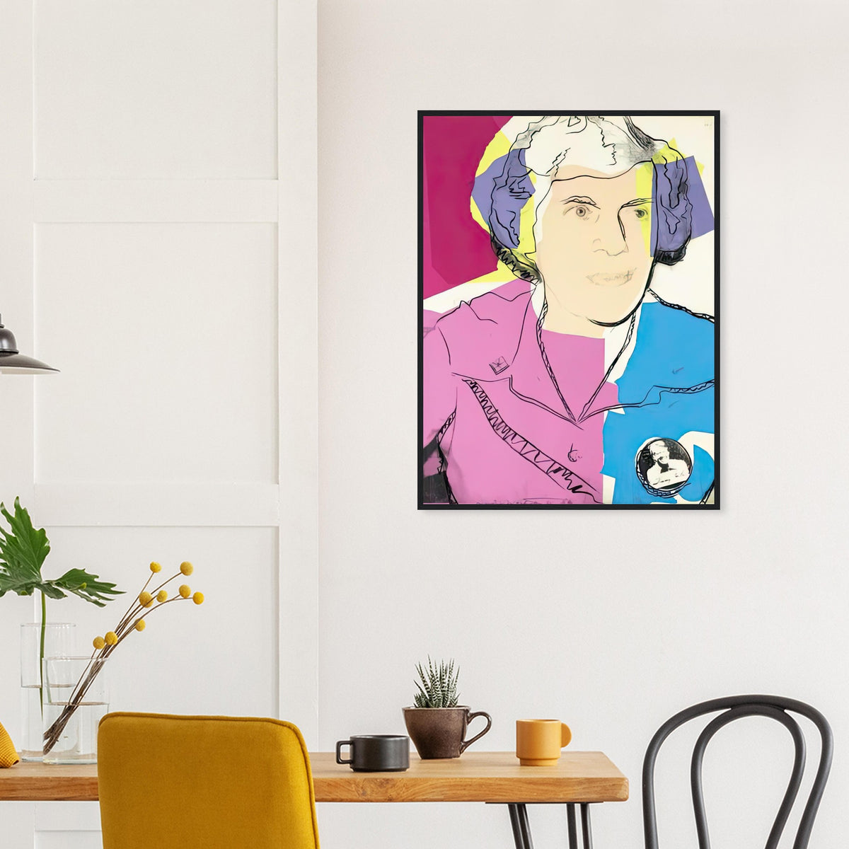 Andy Warhol framed print depicting her tailored jacket and a small Jimmy Carter campaign badge anchor the layered, partly abstract portrait; Lillian Carter, the mother of President Jimmy Carter, appears in a portrait associated with fundraising