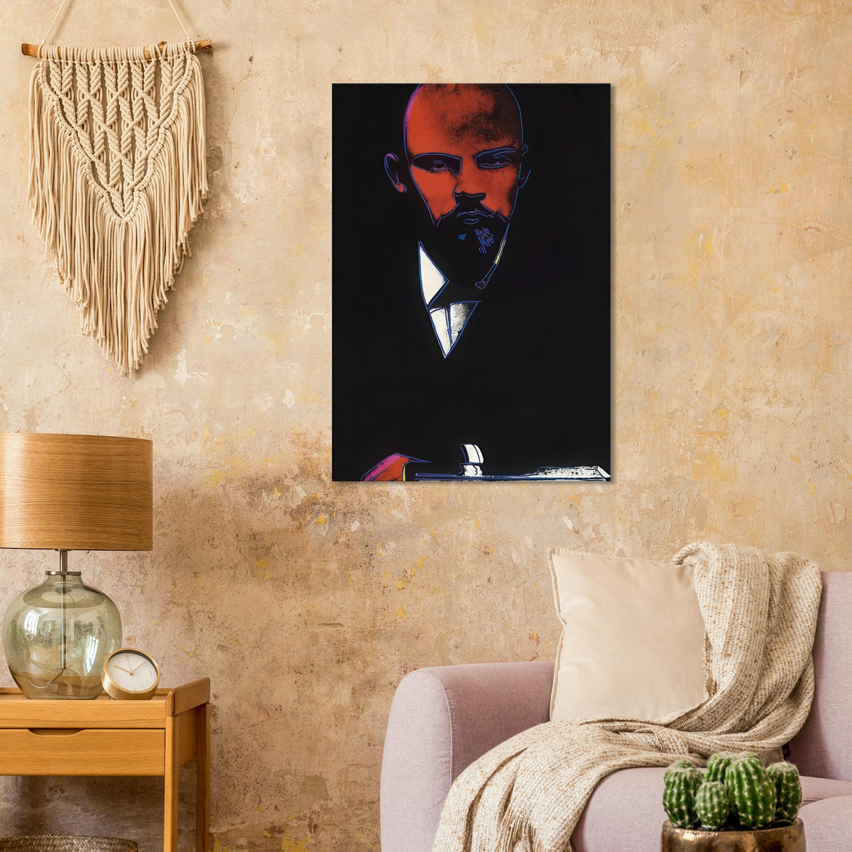 Andy Warhol canvas print depicting an assertive face and reduced graphic shapes organize the composition into a memorable political portrait, independent of a traditional painted likeness