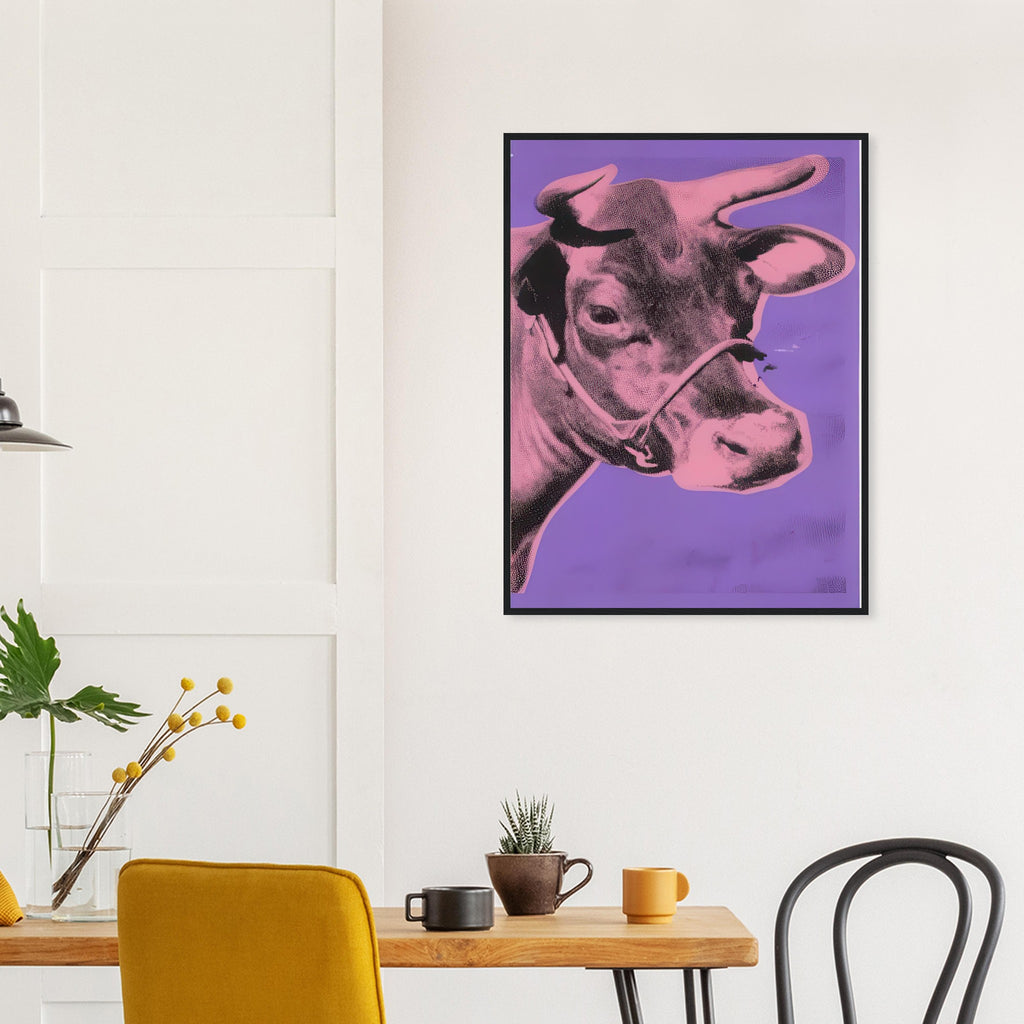 Andy Warhol framed print depicting the cow’s face becomes a bold graphic presence, replacing the gentle mood of traditional animal painting with irreverent visual impact