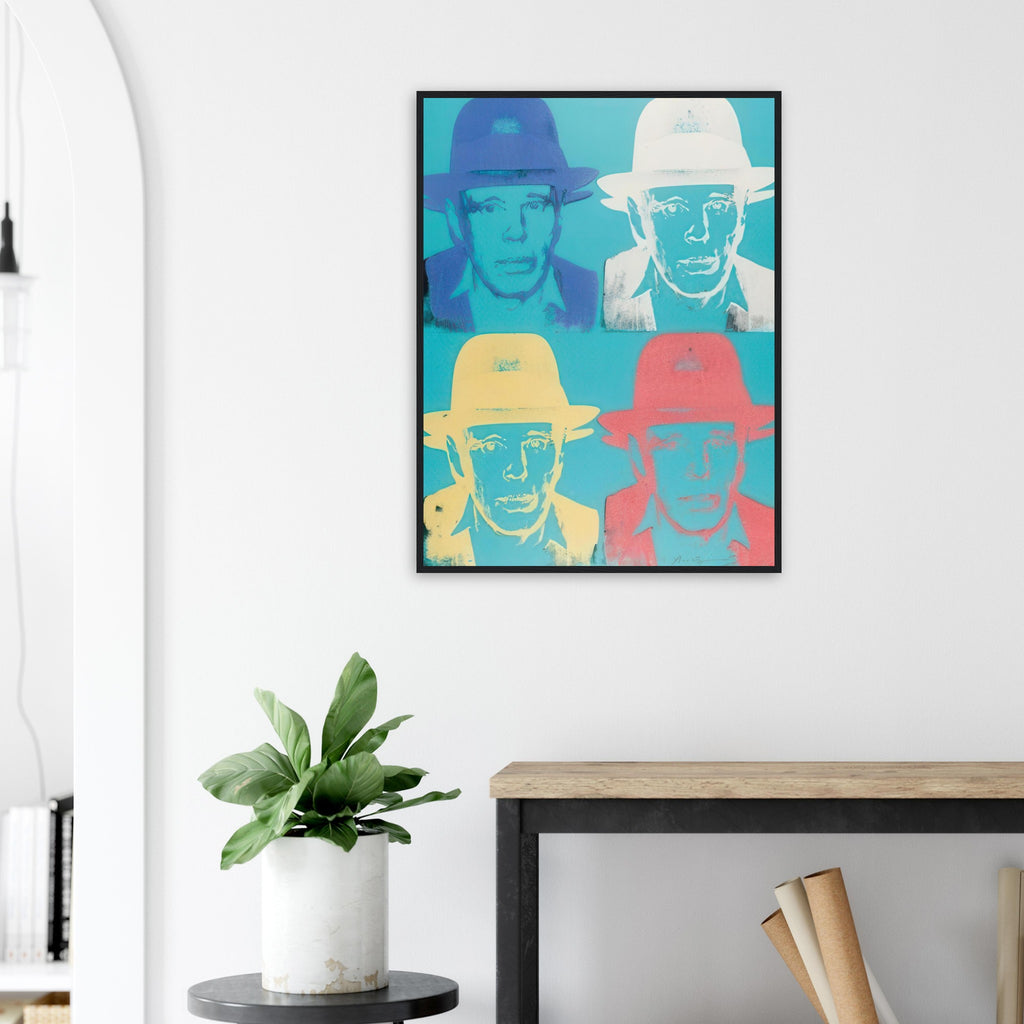 Andy Warhol framed print depicting beuys faces the viewer wearing his characteristic brimmed felt hat; Warhol portrayed fellow artist Joseph Beuys after photographing him in 1979
