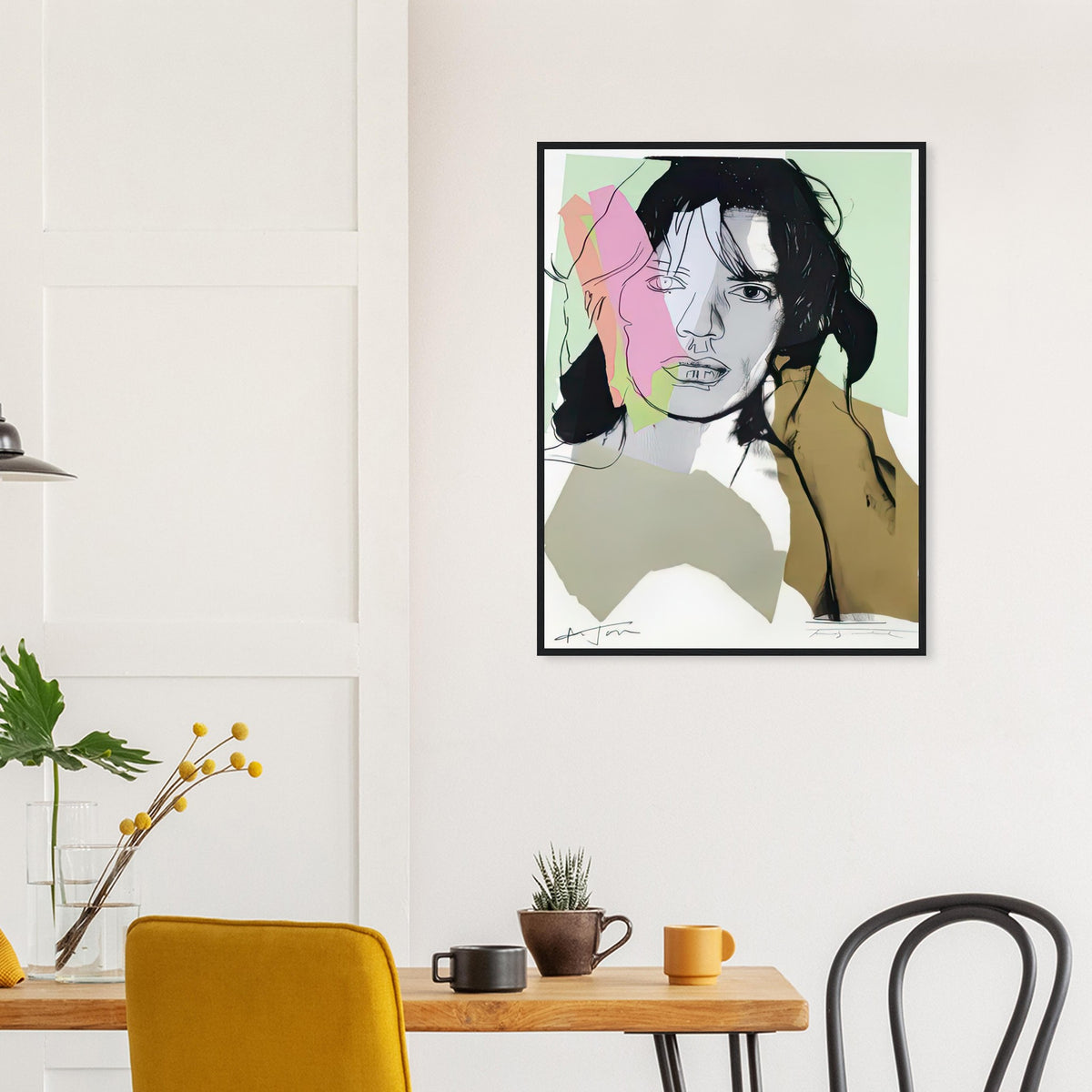 Andy Warhol framed print depicting only fragments of the original photographic shading and hair are retained beneath reintroduced outlines and collage-like colour shapes; Warhol’s ten Mick Jagger portraits followed a long friendship with the Rolling Stones singer, including