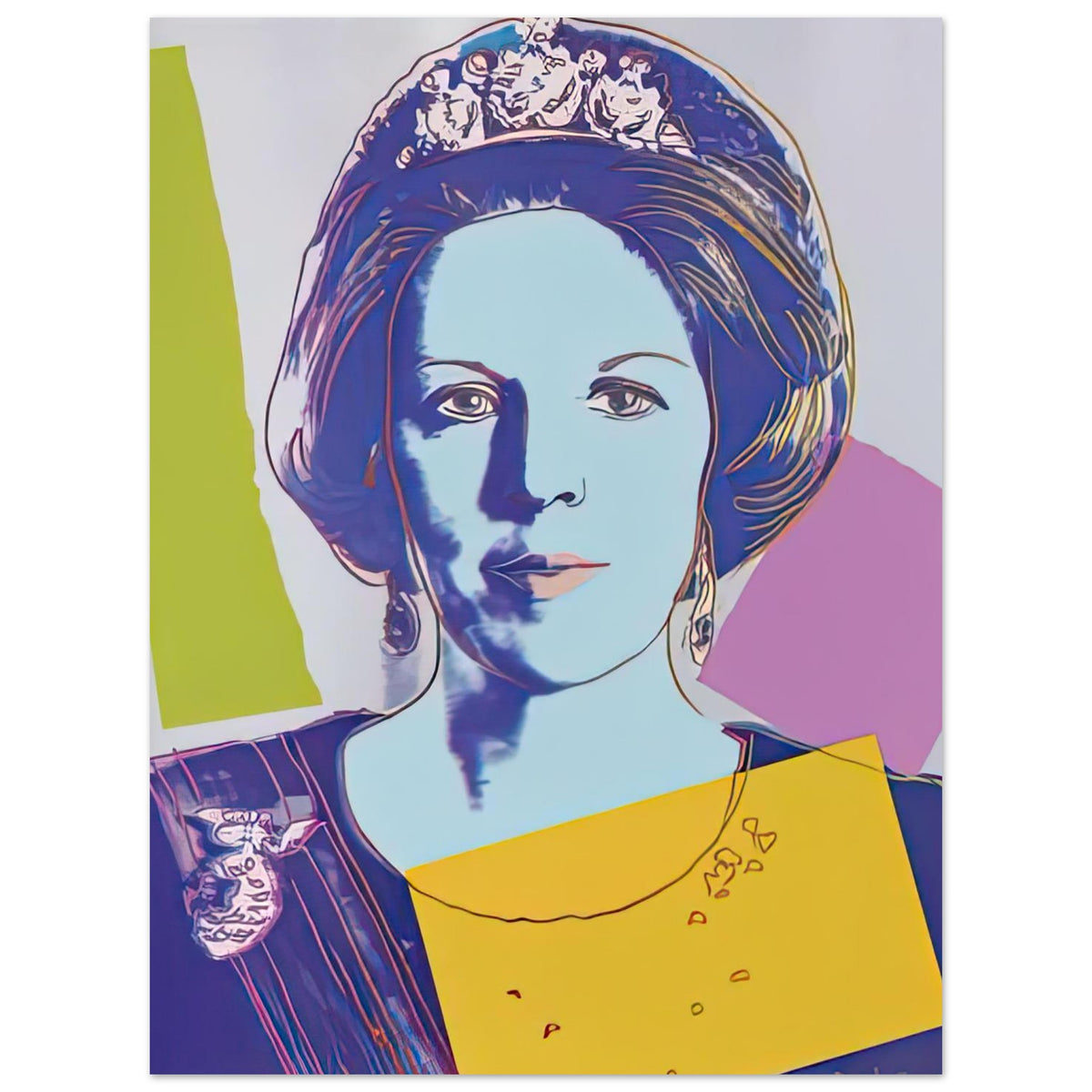 Andy Warhol poster depicting the recognizable royal portrait becomes a strong graphic focal point, 15x20 cm / 6x8″