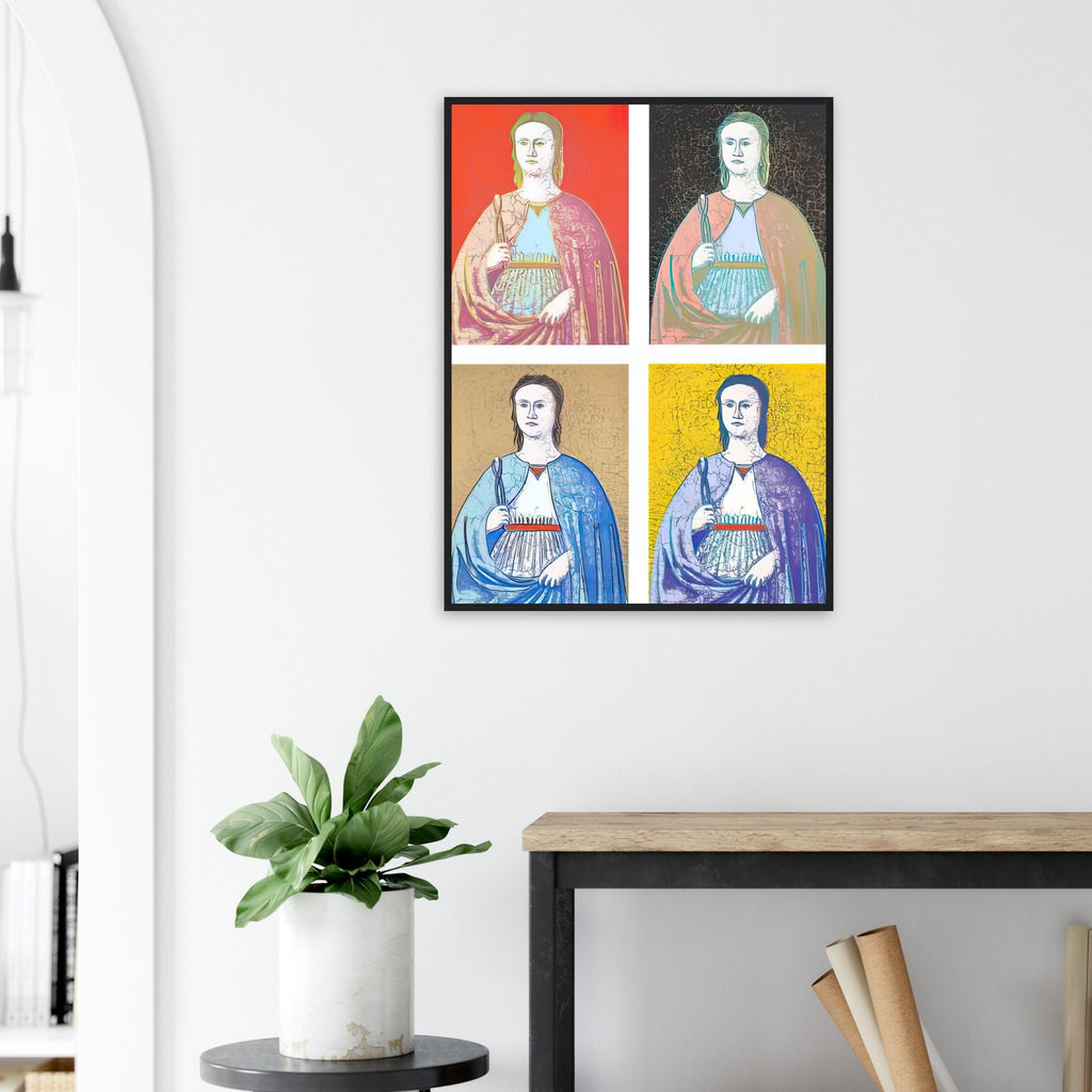 Andy Warhol framed print depicting the saint’s solemn presence, her symbolic attribute and the cracked appearance of the source painting remain visible; Warhol’s Saint Apollonia portfolio draws upon a Renaissance devotional image associated with Piero della