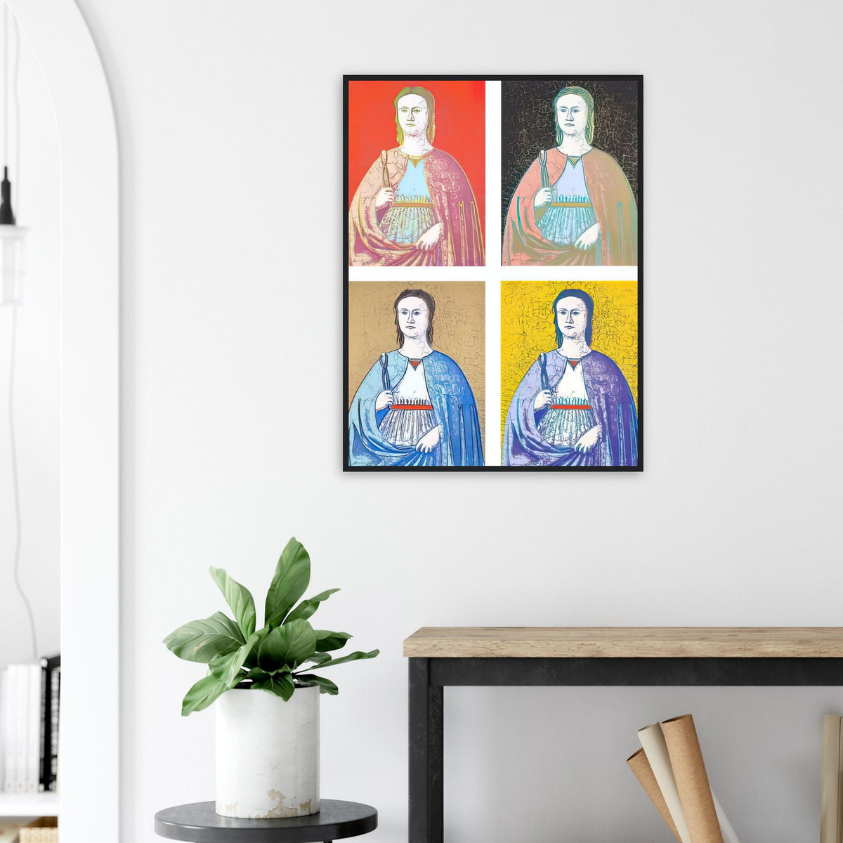 Andy Warhol framed print depicting the saint’s solemn presence, her symbolic attribute and the cracked appearance of the source painting remain visible; Warhol’s Saint Apollonia portfolio draws upon a Renaissance devotional image associated with Piero della