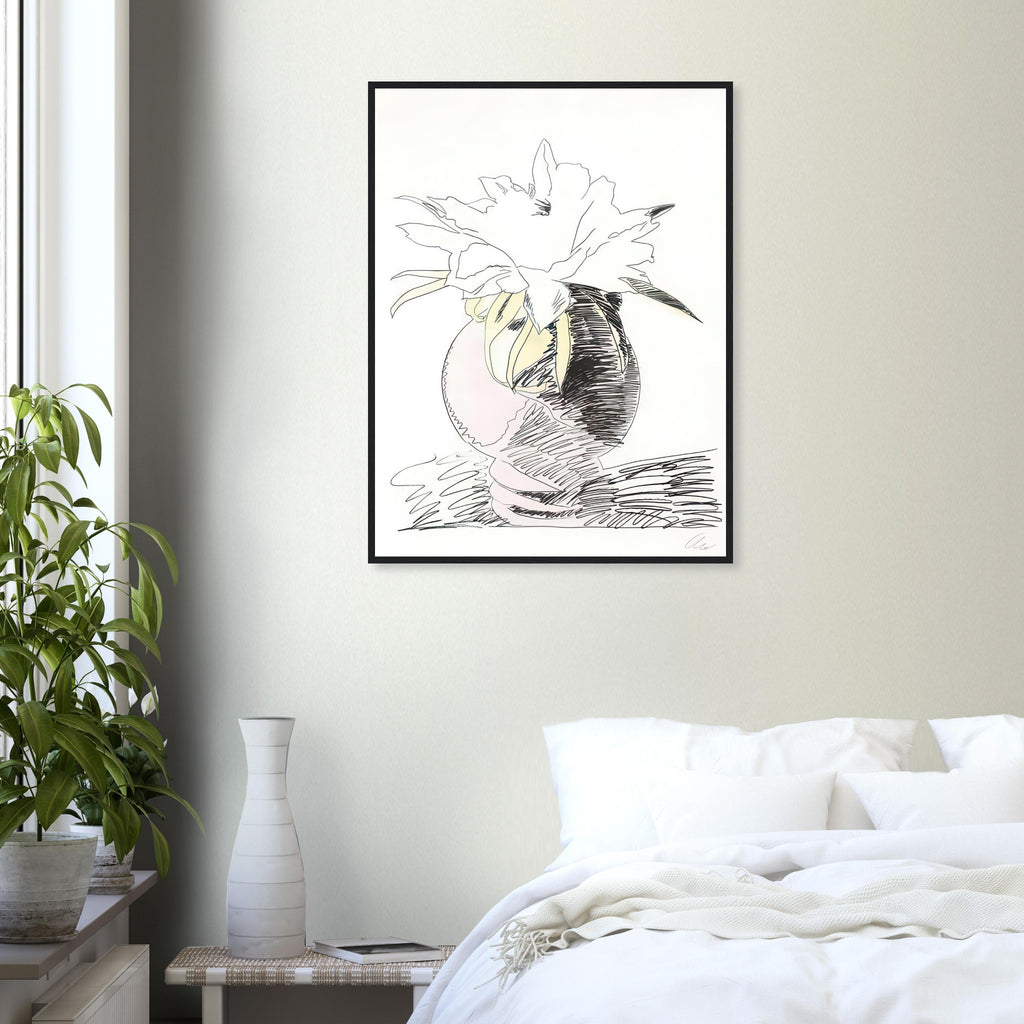 Andy Warhol framed print depicting the design highlights the relationship between compact petals, organic contours and deliberately graphic printmaking marks