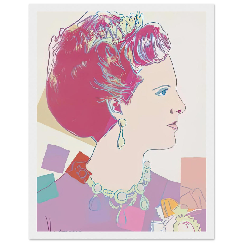Andy Warhol framed print depicting this work depicts Queen Margrethe II of Denmark; The Reigning Queens portfolio presented four women who held ruling power in their own right: Elizabeth, white frame, 27x35 cm / 11x14″