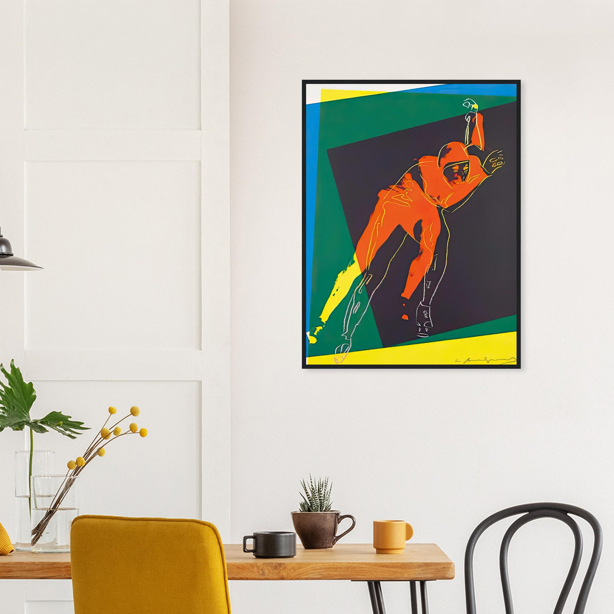 Andy Warhol framed print depicting an ice skater appears to project forward from a dark square, surrounded by rapid overlapping colour and fluid drawn outlines; Speed Skater was created for an art project connected with the 1984 Sarajevo Winter Olympics