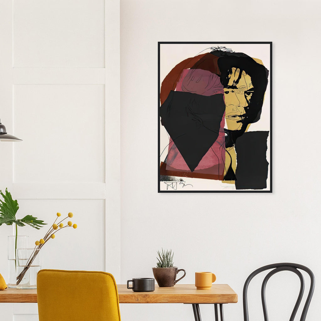 Andy Warhol framed print depicting photographic tones are interrupted by hand-drawn contours, selective colour blocks and cropped facial and bodily details; Warhol’s ten Mick Jagger portraits followed a long friendship with the Rolling Stones singer, including