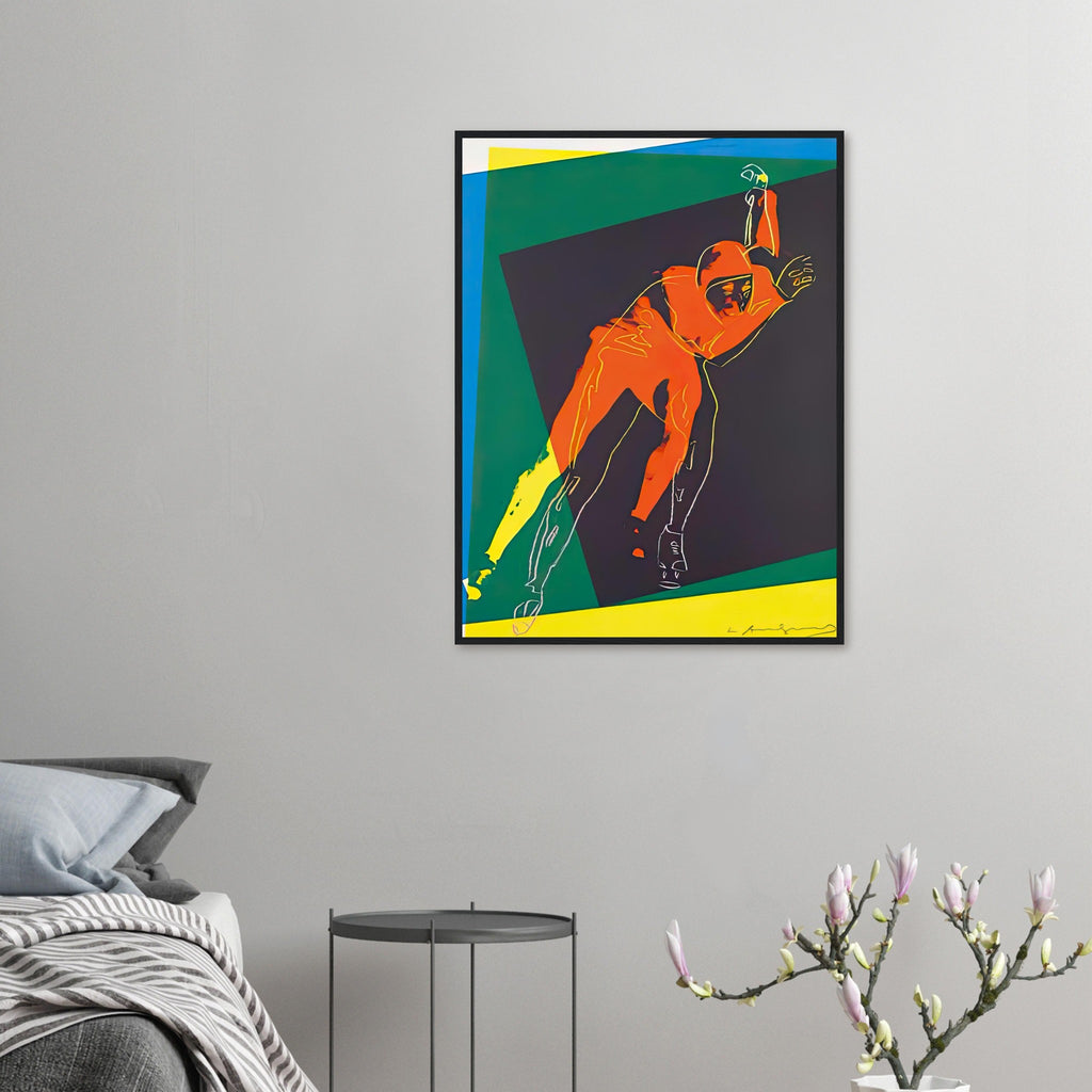 Andy Warhol framed print depicting an ice skater appears to project forward from a dark square, surrounded by rapid overlapping colour and fluid drawn outlines; Speed Skater was created for an art project connected with the 1984 Sarajevo Winter Olympics