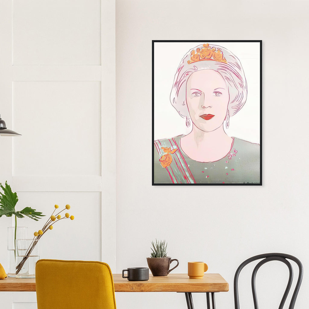 Andy Warhol framed print depicting this work depicts Queen Beatrix of the Netherlands; The Reigning Queens portfolio presented four women who held ruling power in their own right: Elizabeth