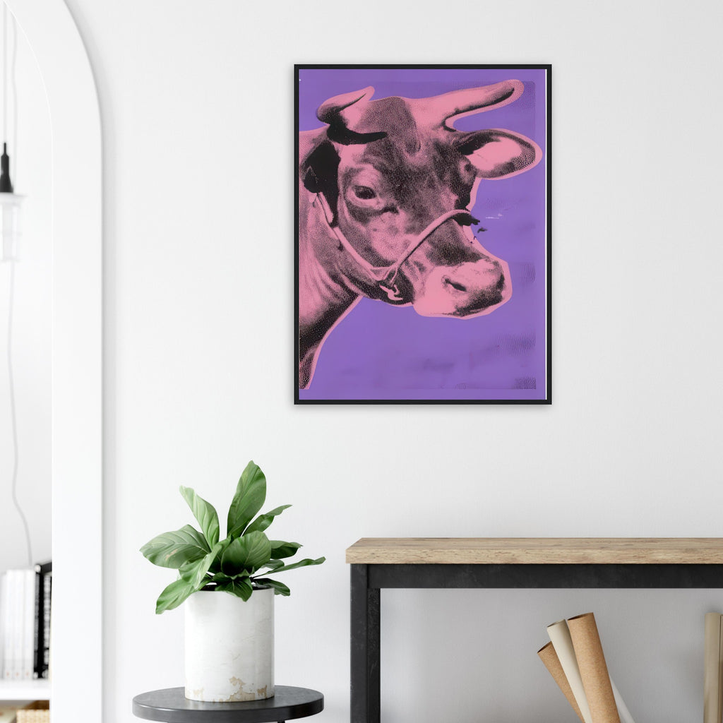 Andy Warhol framed print depicting the cow’s face becomes a bold graphic presence, replacing the gentle mood of traditional animal painting with irreverent visual impact