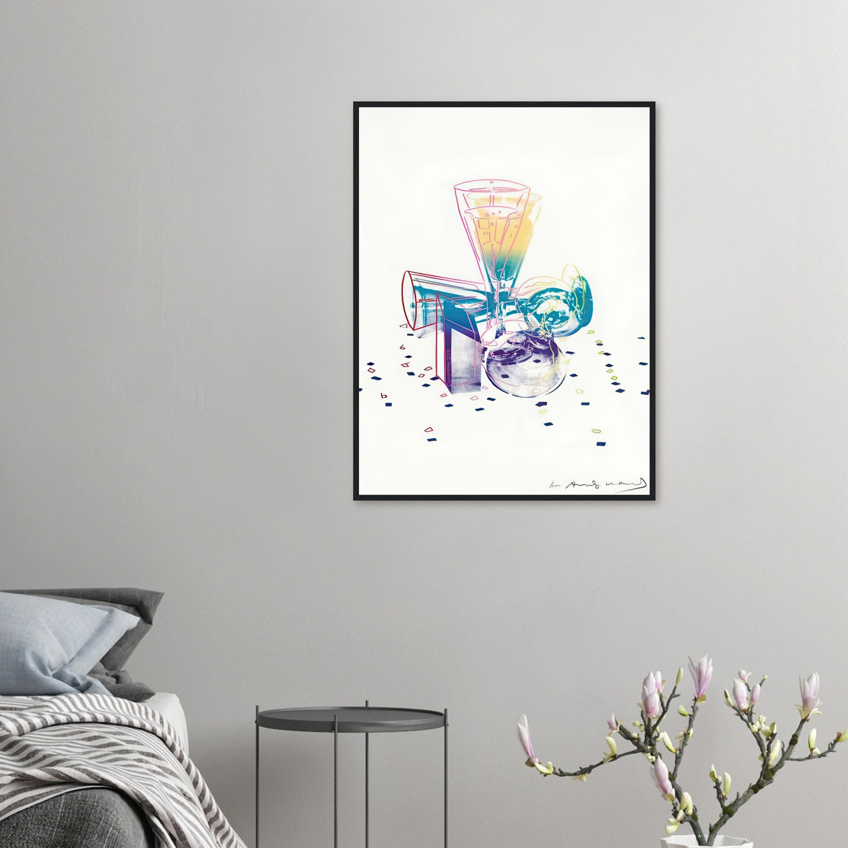 Andy Warhol framed print depicting the still-life arrangement places everyday objects into a decorative composition with a festive, slightly theatrical character