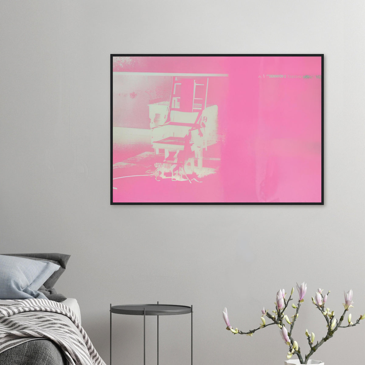 Andy Warhol framed print depicting the stark chair, its surroundings and the tense emptiness of the room, a detail that connects the composition to its broader artistic subject