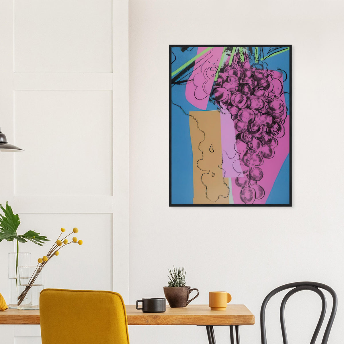 Andy Warhol framed print depicting rounded grape forms and flowing stems provide a decorative rhythm, while the composition feels more graphic than naturalistic