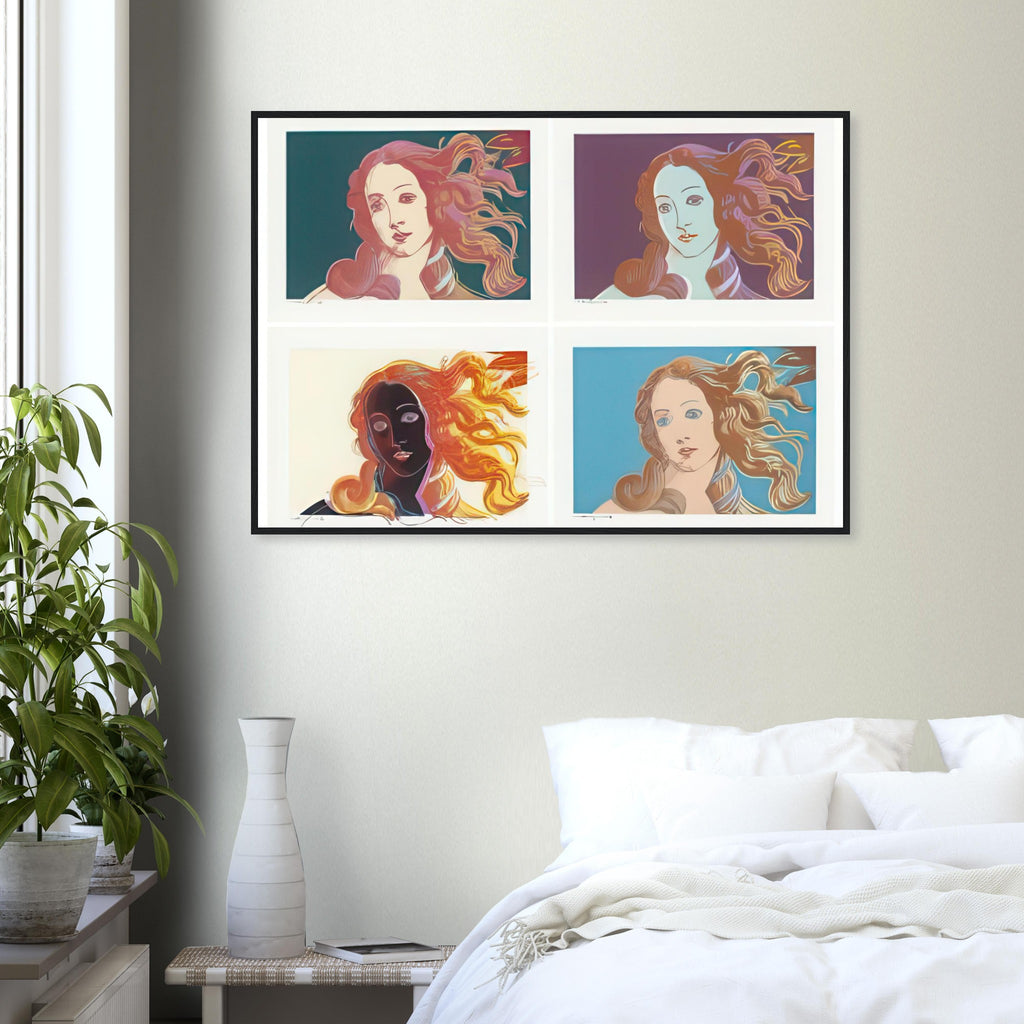 Andy Warhol framed print depicting venus emerging from the sea in a detail from the Renaissance painting, a detail that connects the composition to its broader artistic subject