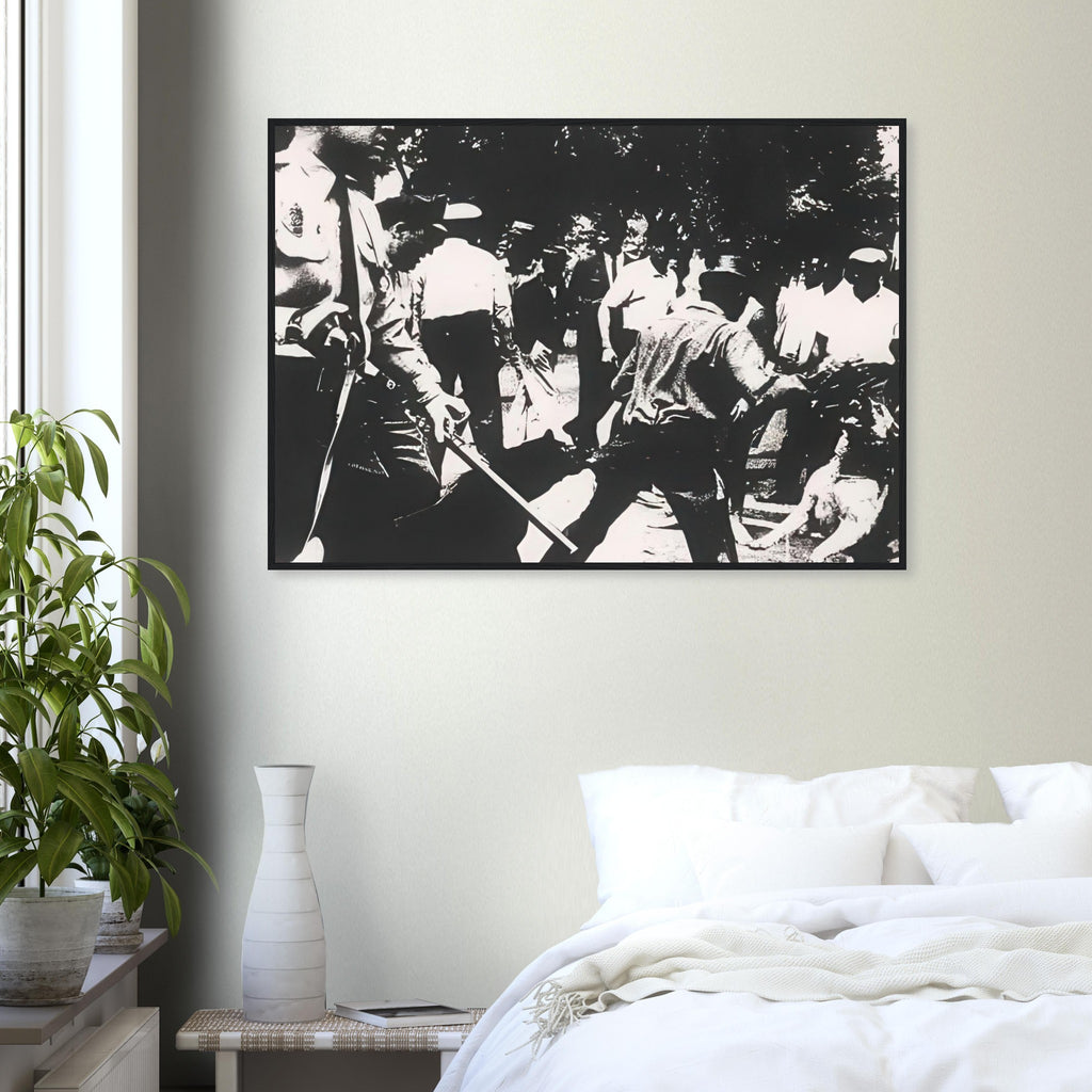 Andy Warhol framed print depicting the tense scene of a civil-rights protest and its violent repression, a detail that connects the composition to its broader artistic subject