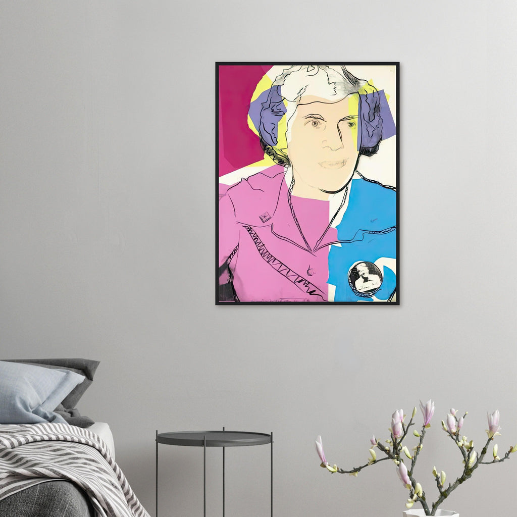 Andy Warhol framed print depicting her tailored jacket and a small Jimmy Carter campaign badge anchor the layered, partly abstract portrait; Lillian Carter, the mother of President Jimmy Carter, appears in a portrait associated with fundraising