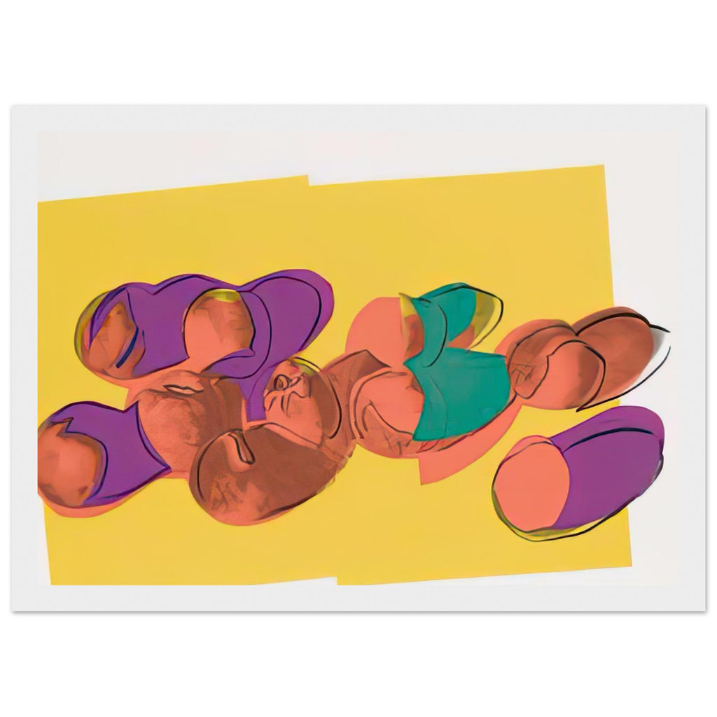 Andy Warhol framed print depicting rounded fruit forms, expressive edges and the recognizable shapes of peaches, a detail that connects the composition to its broader artistic subject, white frame, 21x29.7 cm / 8x12"