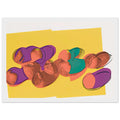 Andy Warhol framed print depicting rounded fruit forms, expressive edges and the recognizable shapes of peaches, a detail that connects the composition to its broader artistic subject, white frame, 21x29.7 cm / 8x12"