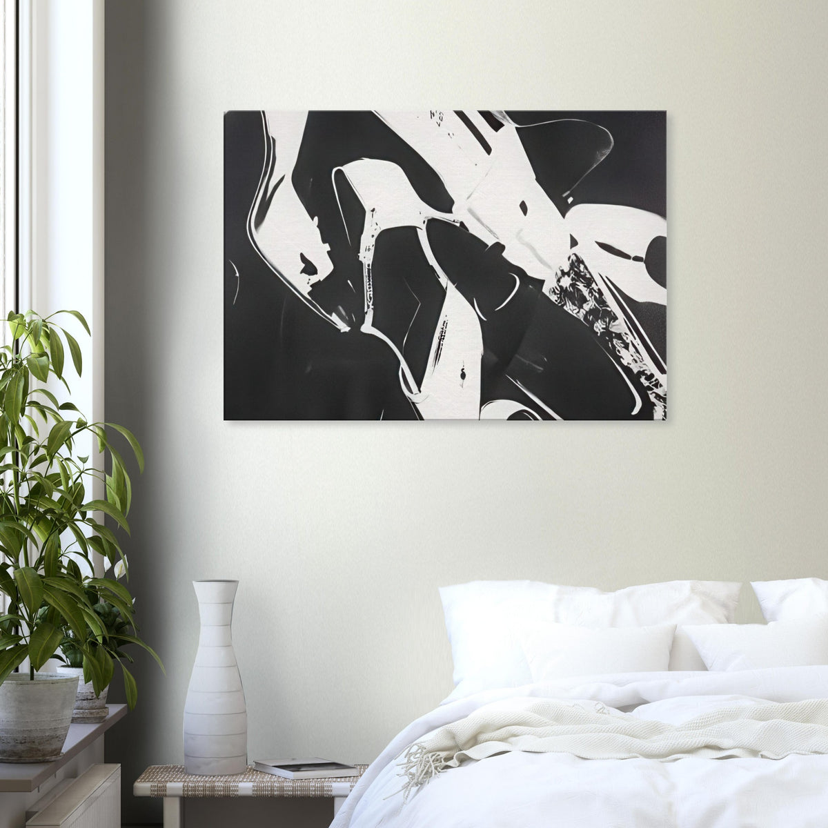 Andy Warhol canvas print depicting a lively arrangement of footwear, with overlapping silhouettes and decorative texture, a detail that connects the composition to its broader artistic subject