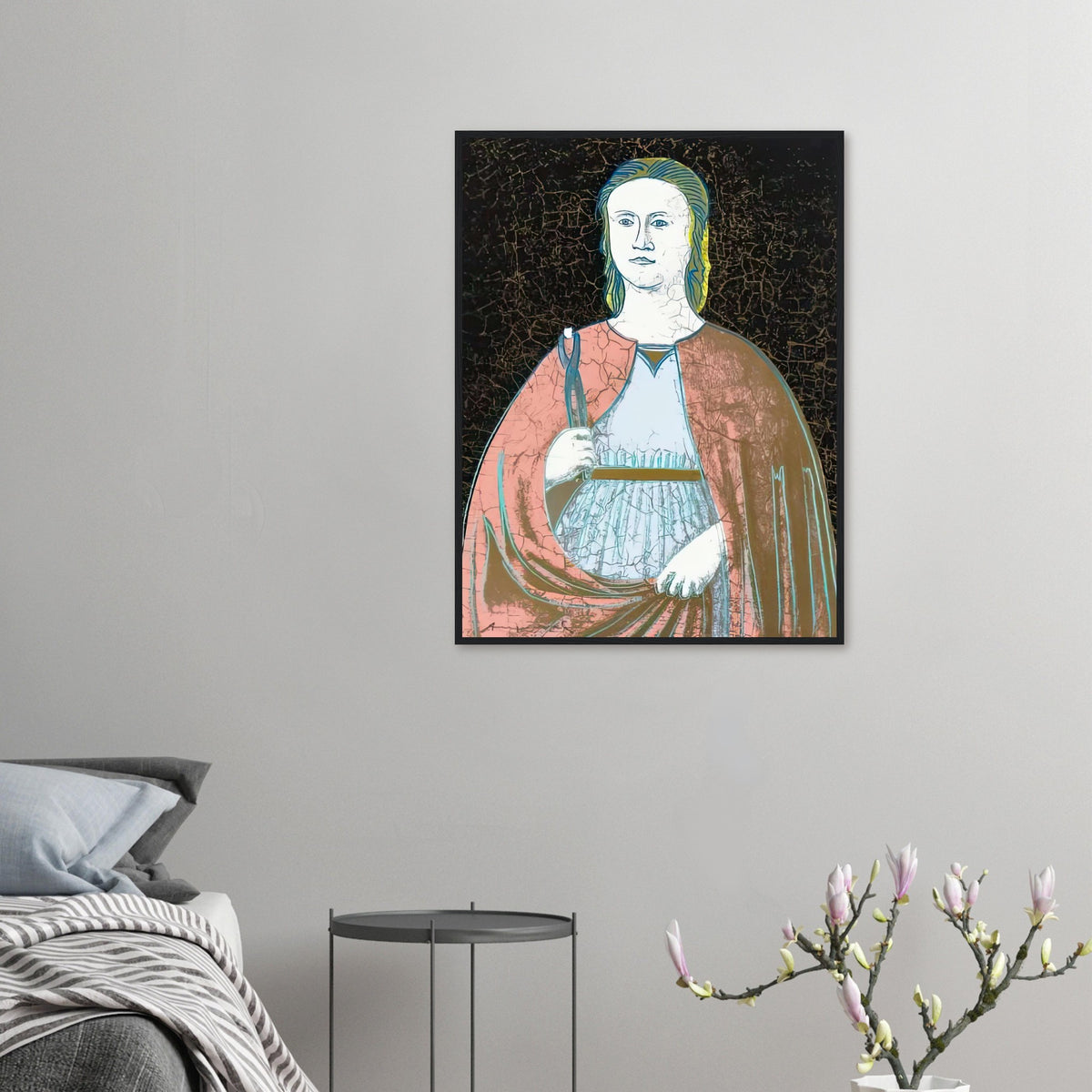 Andy Warhol framed print depicting the saint’s solemn presence, her symbolic attribute and the cracked appearance of the source painting remain visible; Warhol’s Saint Apollonia portfolio draws upon a Renaissance devotional image associated with Piero della