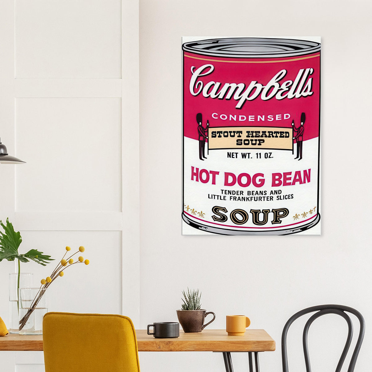 Andy Warhol canvas print depicting the instantly legible soup-can silhouette, packaging lettering and product name create a highly recognizable commercial composition
