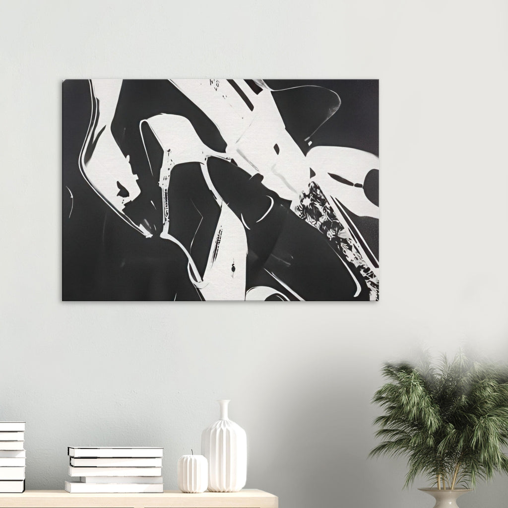Andy Warhol canvas print depicting a lively arrangement of footwear, with overlapping silhouettes and decorative texture, a detail that connects the composition to its broader artistic subject