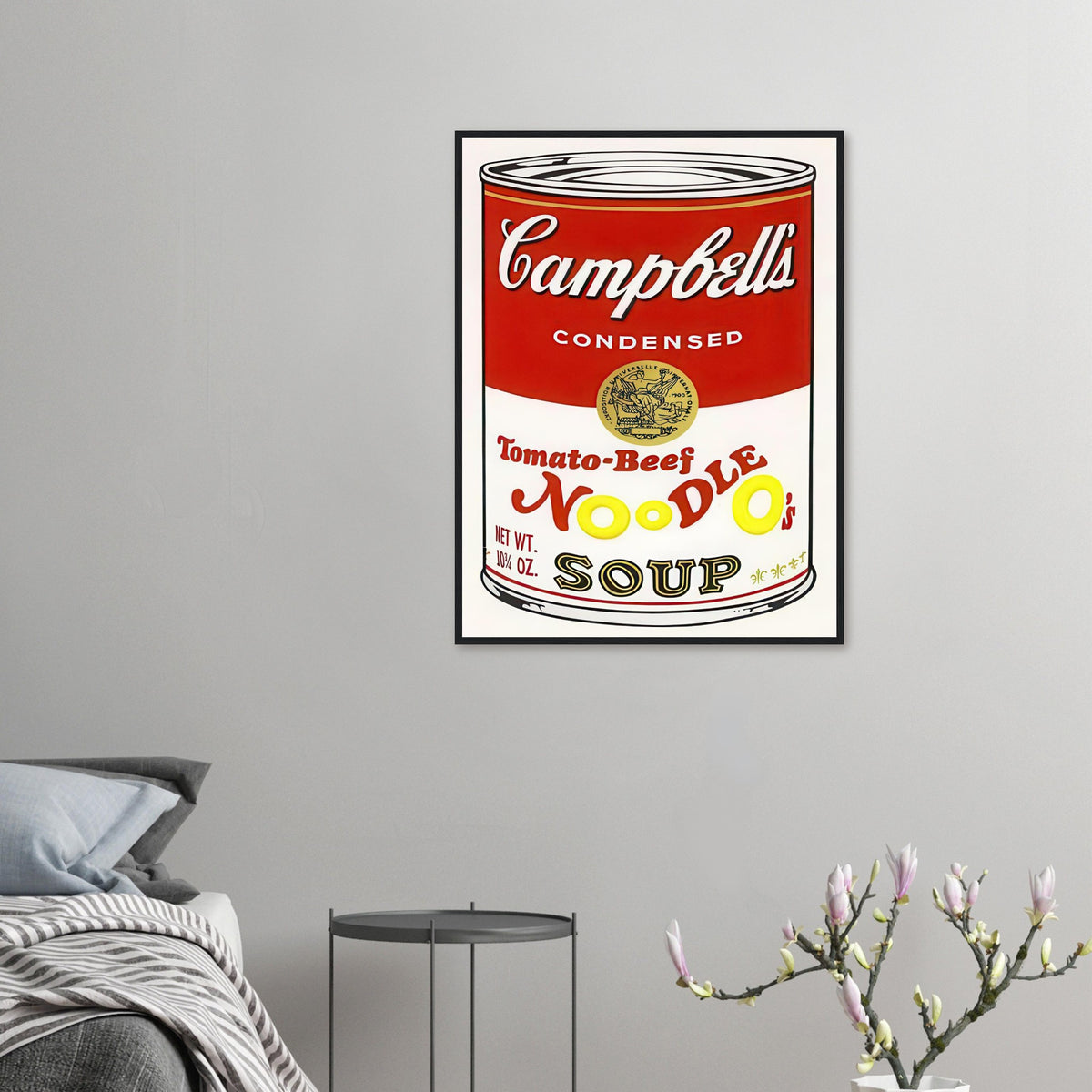 Andy Warhol framed print depicting the instantly legible soup-can silhouette, packaging lettering and product name create a highly recognizable commercial composition
