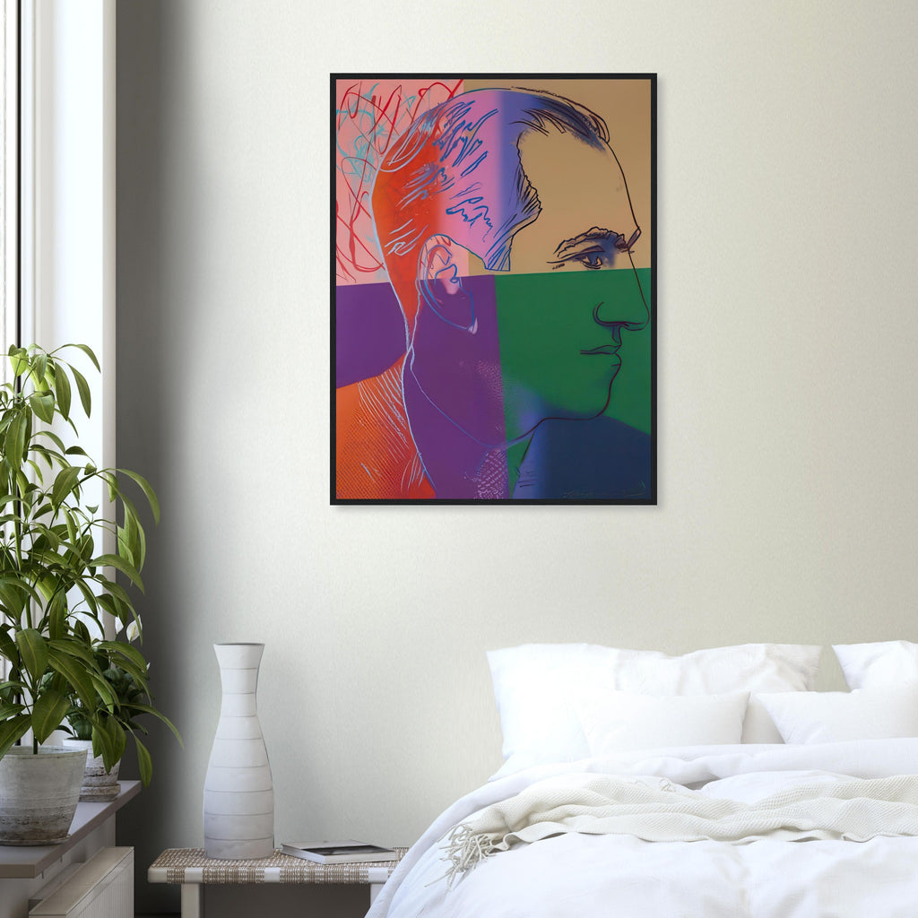 Andy Warhol framed print depicting the image centers on a distinctive likeness rather than narrative scenery; line and simplified contrast make the person the focus