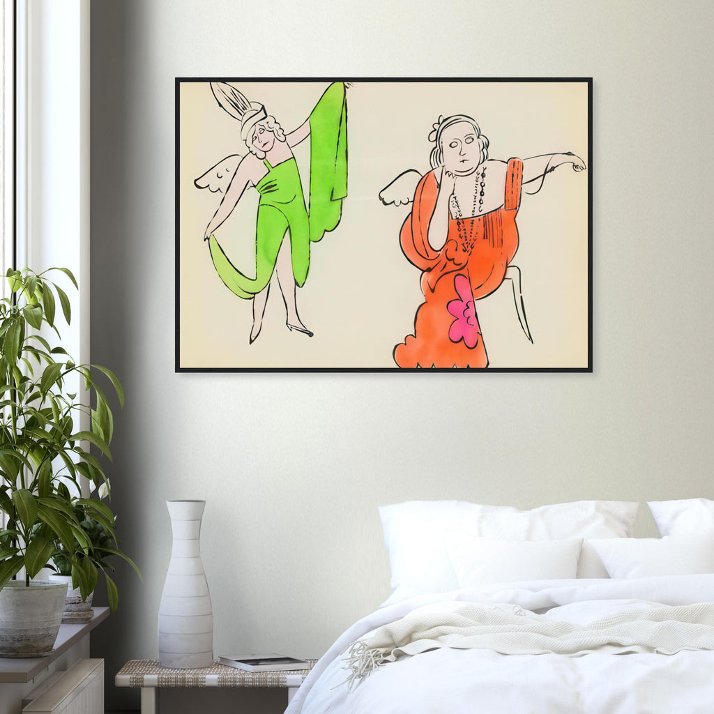Andy Warhol framed print depicting fantastical, decorative figures and storybook-like imagery, a detail that connects the composition to its broader artistic subject