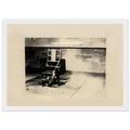 Andy Warhol framed print depicting the stark chair, its surroundings and the tense emptiness of the room, a detail that connects the composition to its broader artistic subject, white frame, 21x29.7 cm / 8x12"