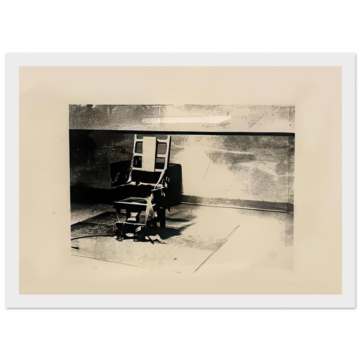 Andy Warhol framed print depicting the stark chair, its surroundings and the tense emptiness of the room, a detail that connects the composition to its broader artistic subject, white frame, 21x29.7 cm / 8x12"